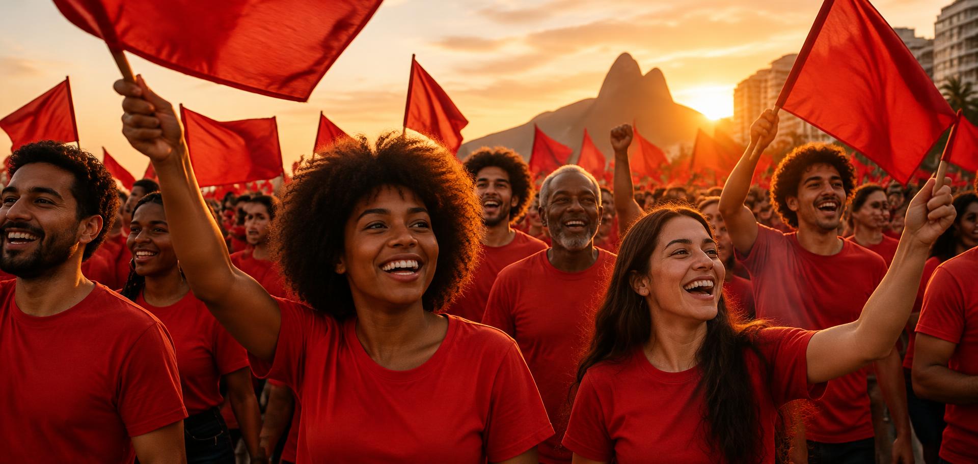 Pessoas de camiseta vermelha com bandeiras